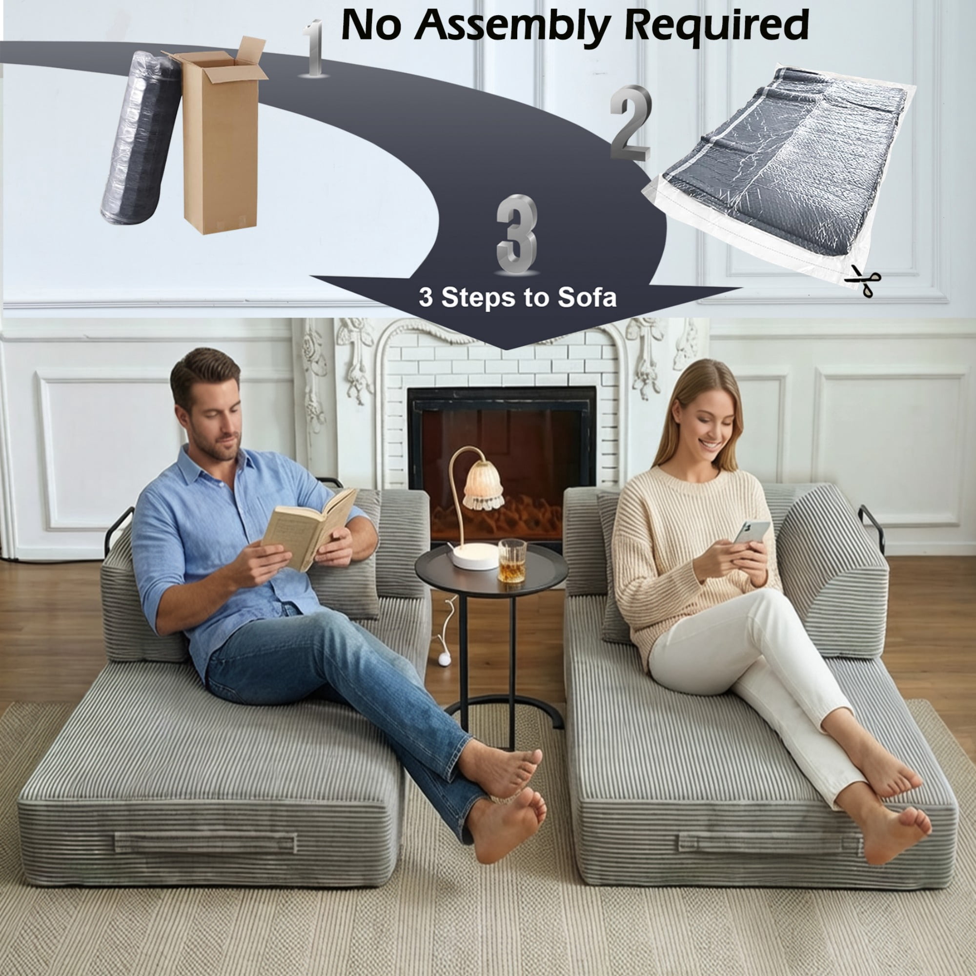 BSHTI 59" Corduroy Convertible Sleeper Sofa Bed with Cylindrical Pillow, No Assembly, Small Space for Living Room（Light Gray）