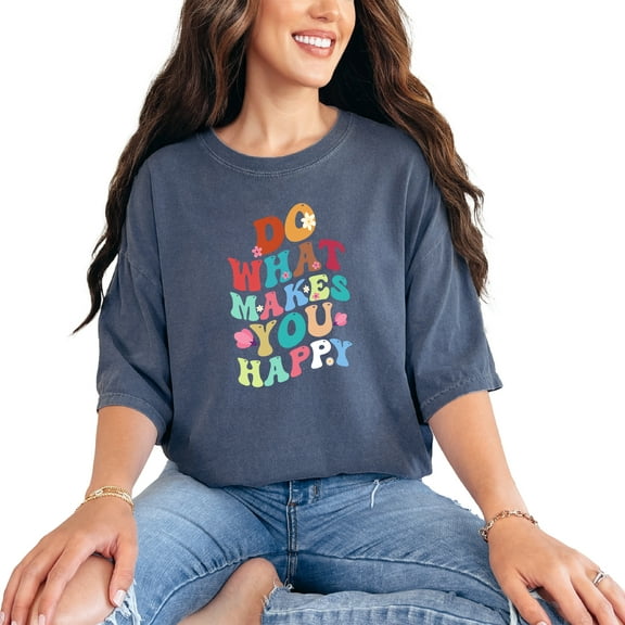 Do What Makes You Happy Quote with Cute Flowers, Groovy Retro Wavy Text, Denim Comfort Colors T-Shirt, Small