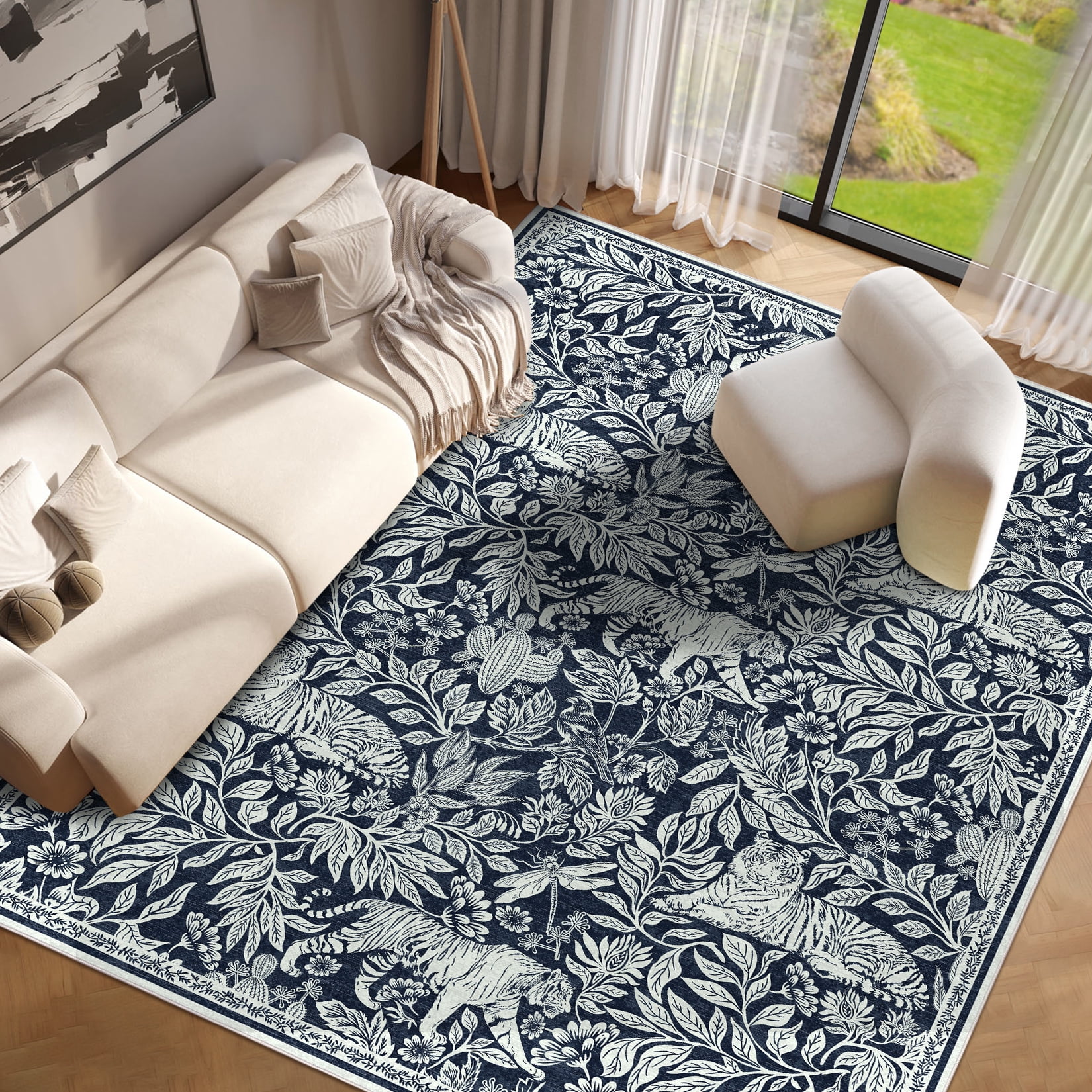 Garvee 8x10 Modern Abstract Print Rugs, Washable Living Room Rug Non Slip Non-Shedding Forest Tiger Floor Rugs Carpet, Soft Stain Resistant Indoor Rug for Dining Room Bedroom, Blue
