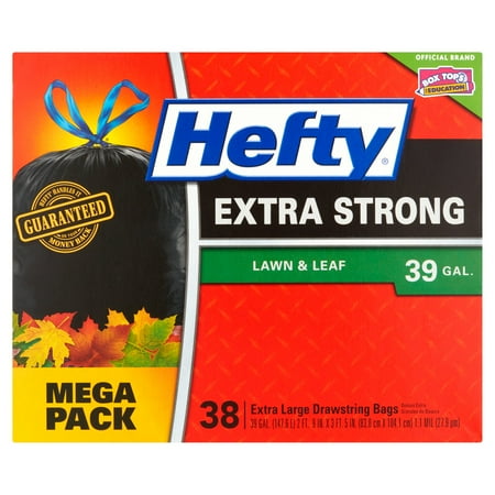 Hefty Extra Strong Lawn & Leaf Drawstring Trash Bags, 39 Gallon, 38 Ct