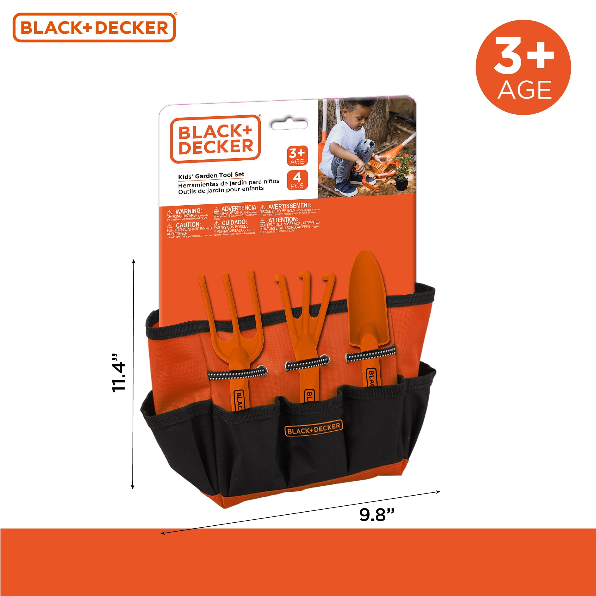 Black and Decker four piece Gardening Hand Toolset for kids â€“ Garden tool bag that holds plastic hand tools