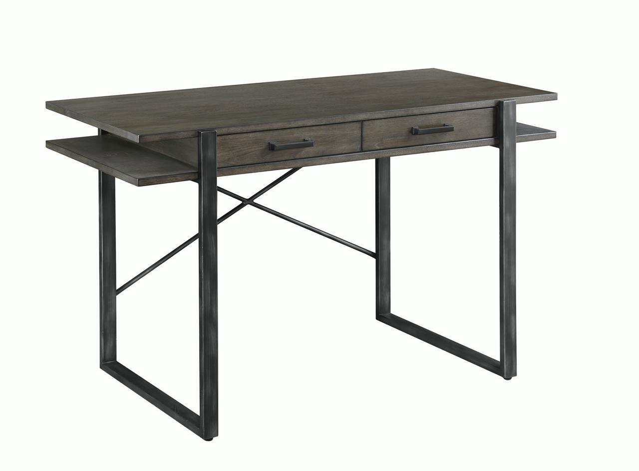 2 Drawer Wooden Writing Desk with Sled Metal Legs, Brown and Black