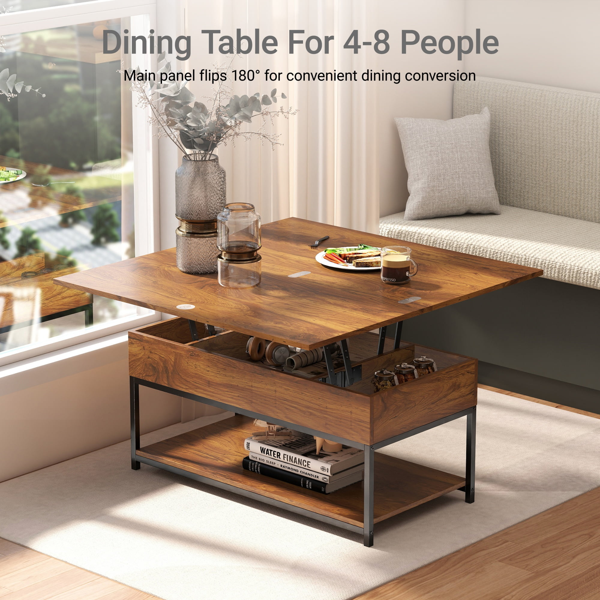 Manxile Lift Top Coffee Table with Storage for Living Room, Farmhouse Coffee Table with Lift Top, Red Oak Finish