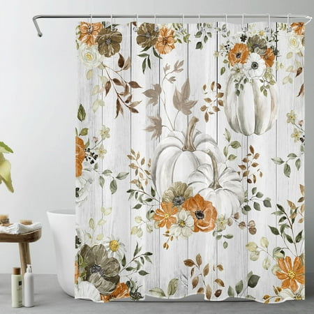 HVEST Farmhouse Fall Shower Curtain for Bathroom Watercolor Pumpkin and Floral Plant on Rustic Gray Wood Bathroom Shower Curtains with Hooks, Thanksgiving Bathroom Curtains Shower Set 60x72 inch