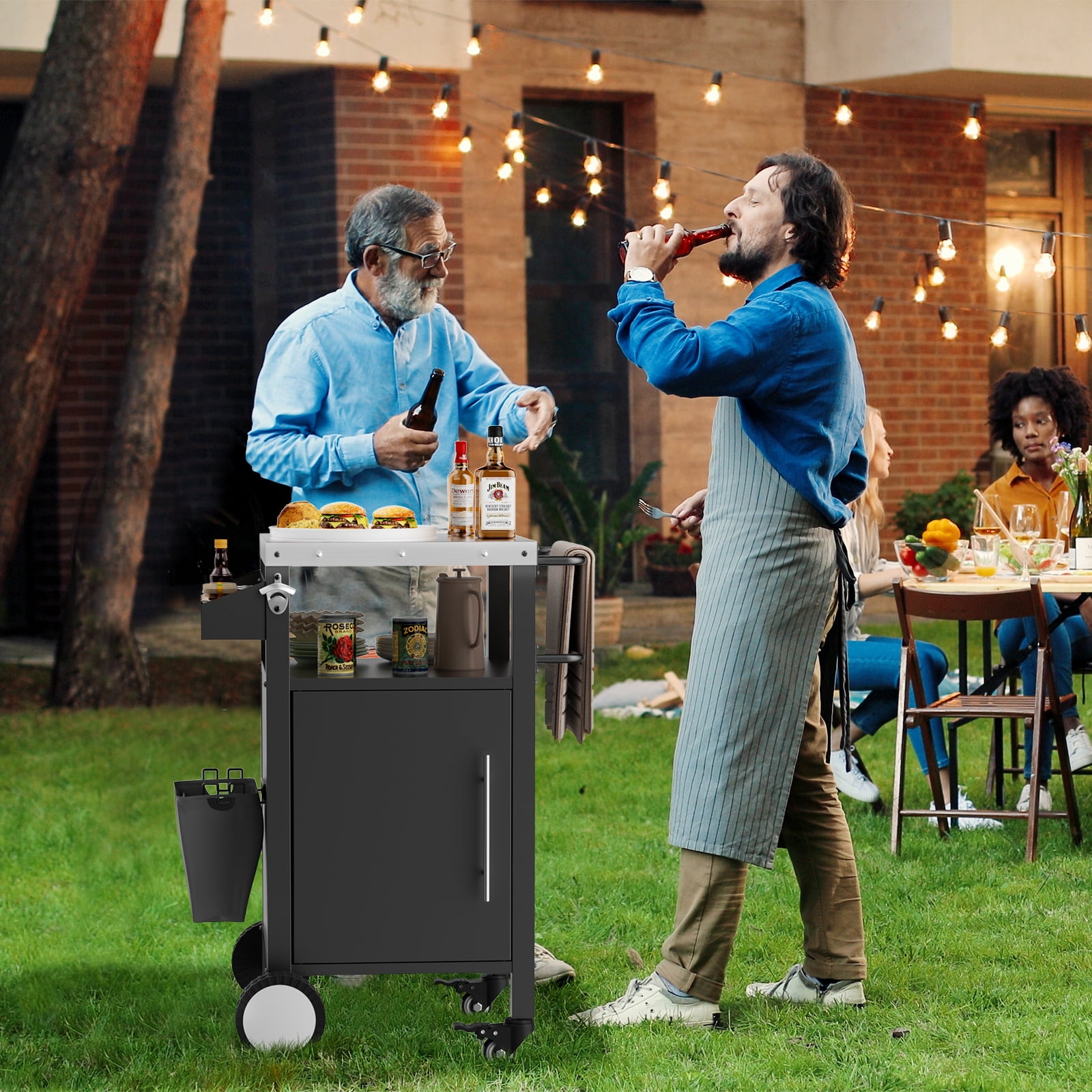 Outdoor Grill Cart with Storage Cabinet, Rolling BBQ Prep Table with Stainless Steel Top, Lockable Wheels, Hooks and Spice Rack, Multifunctional Patio Bar Cart for Backyard Pizza Oven Station
