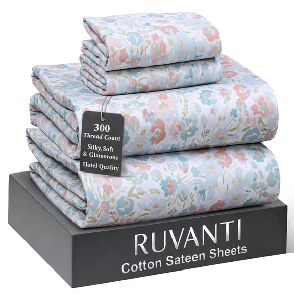 RUVANTI 100% Cotton Sheets Queen Size Bed Set – 300 Thread Count Silky Soft Sateen Weave, Cooling, Lightweight & Breathable, 16" Deep Pocket, Durable & Luxury Satin-Like, 4 Piece, Pastel Hit