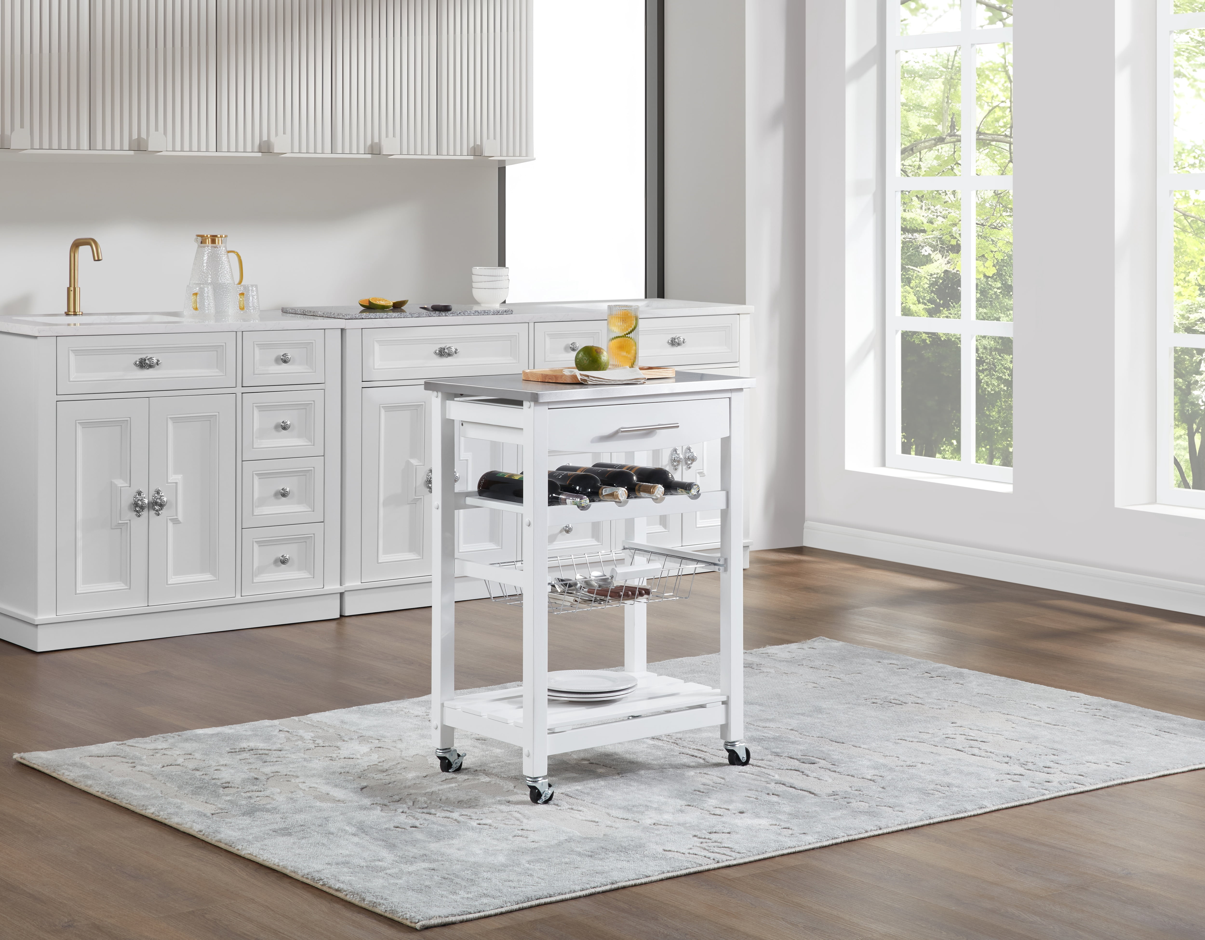 Mobile Rolling Kitchen Island with Stainless Steel Top, Drawer & Storage Basket