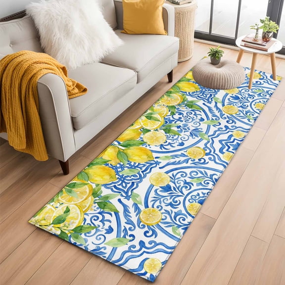 Watercolor Lemons Weeping 2'x6' Runner Rugs for Hallway Kitchen Bedside Non Slip Washable, Summer Blue Floral Entryway Rug Runners with Rubber Backing, Long Carpet Runner for Laundry Room