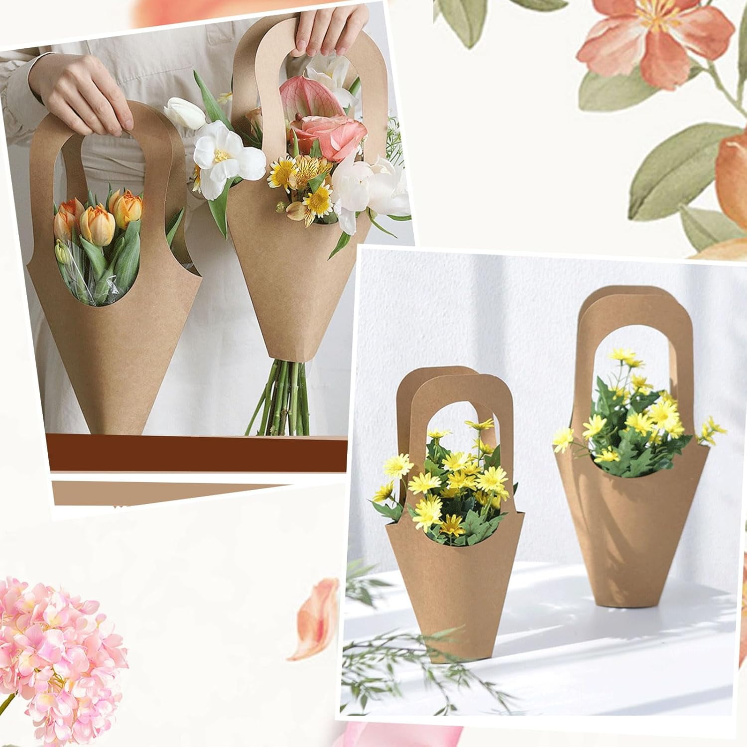 50 Pack Kraft Paper Flower Bouquet Bags - Flower Present Bags with Sturdy Handles - Brown Gift Wrapping Bags for Fresh Flowers, Plants & Gifts