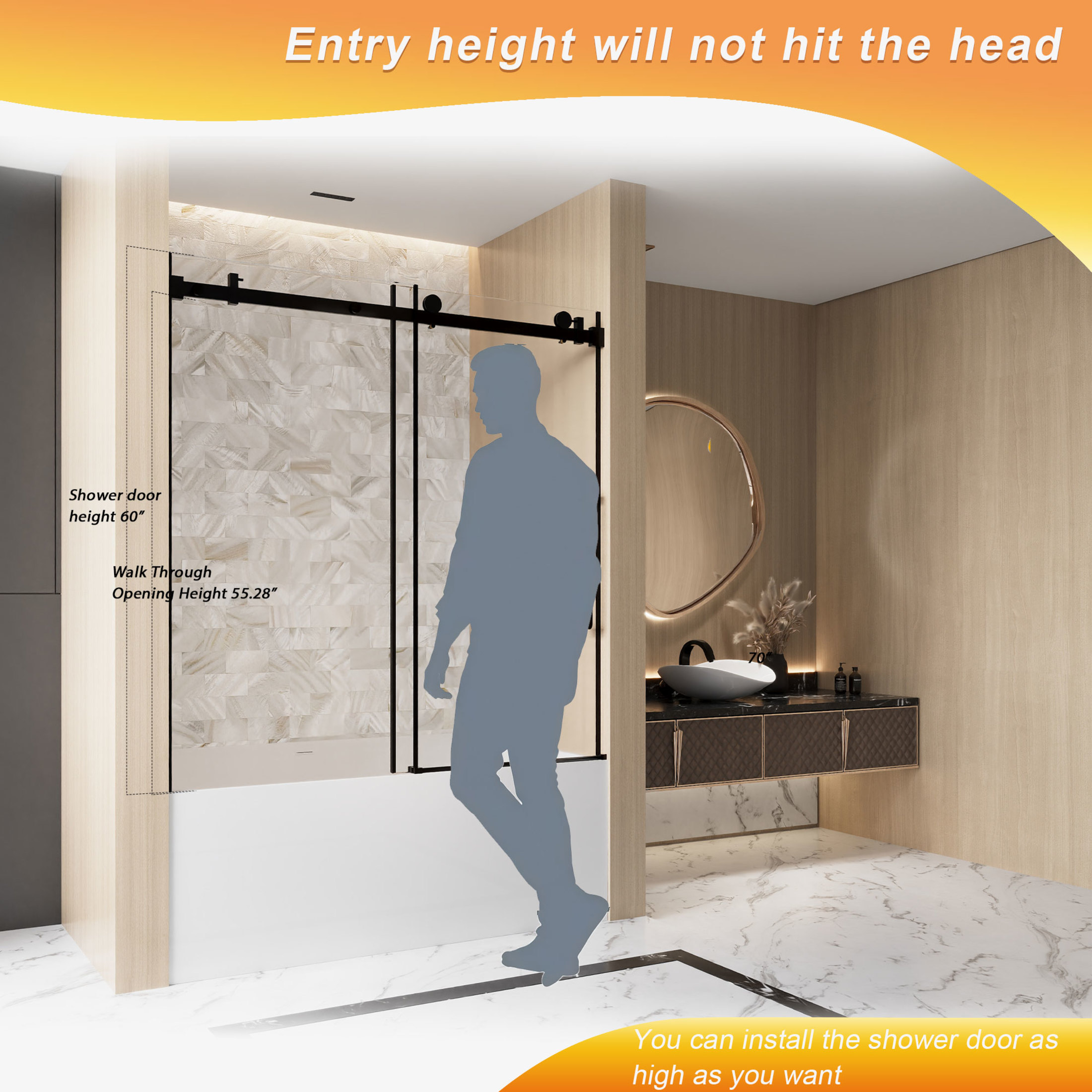 Noble House 60"x60" Frameless Sliding Shower Door, Tempered Glass with Stainless Steel Handle, Matte Black