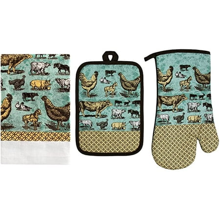 

Oven Mitt and Potholder Kitchen Set | 3 Piece Vintage Farm Animals Kitchen Accessory | Hands Protection Waterproof Oven Glove Potholder and Tea Towel