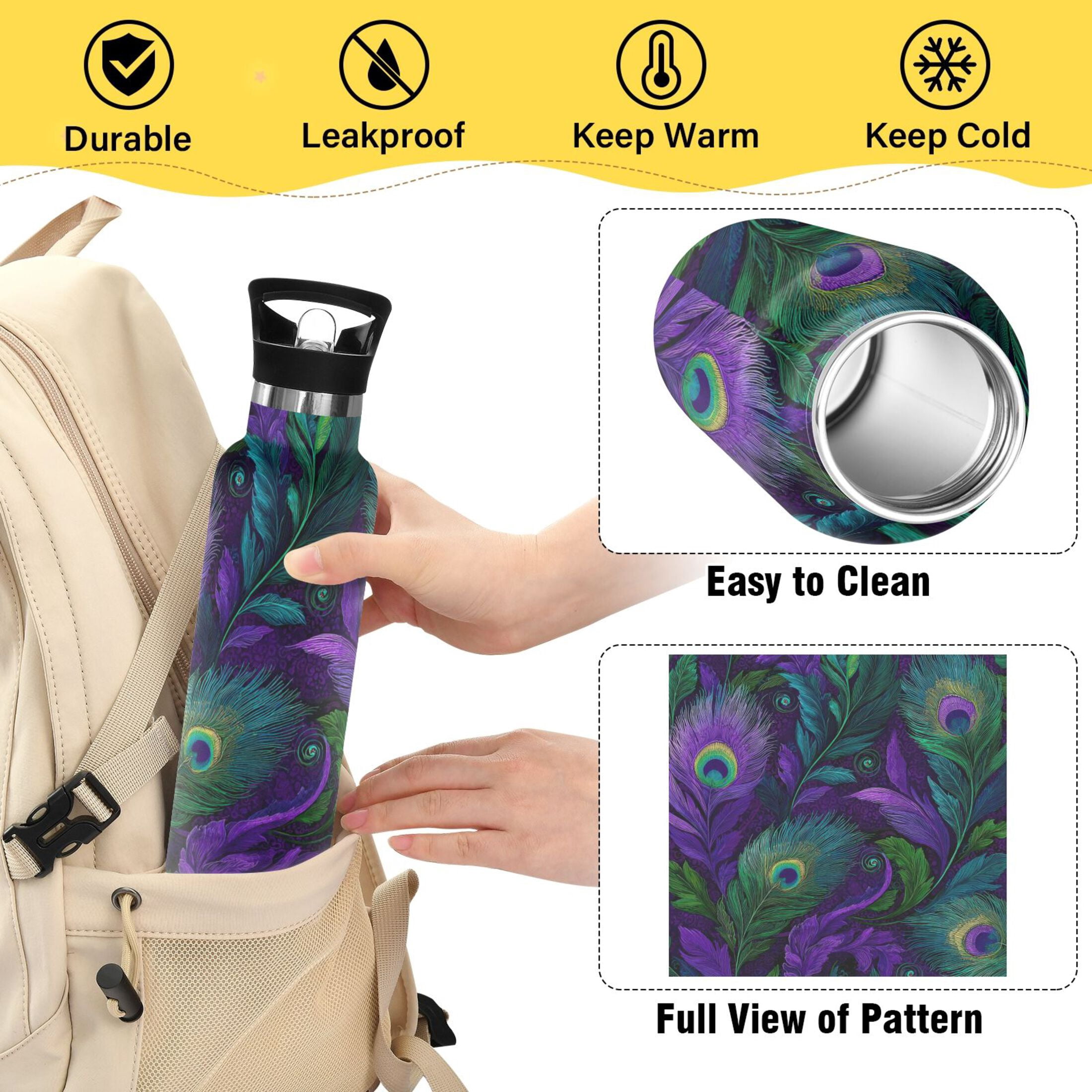 Kids Insulated Stainless Steel Sports Water Bottle 600ml (20oz) Peacock Feathers Pattern