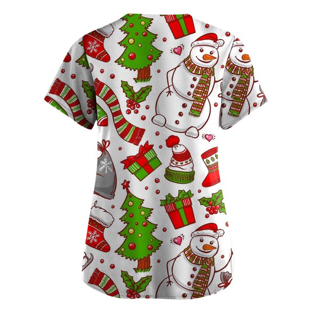 T-Shirts pour Femmes Mode Manches Longues T-Shirt Femmes Dames Tee Tops Joyeux Noël Imprimé T-Shirts Courts Compression Femmes Chemise de Course Manches Col en V Top de Travail Col Roulé