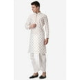 thumbnail image 3 of Royal Kurta Jacquard Silk Printed Cream Kurta White Dhoti Set for Men, 3 of 7