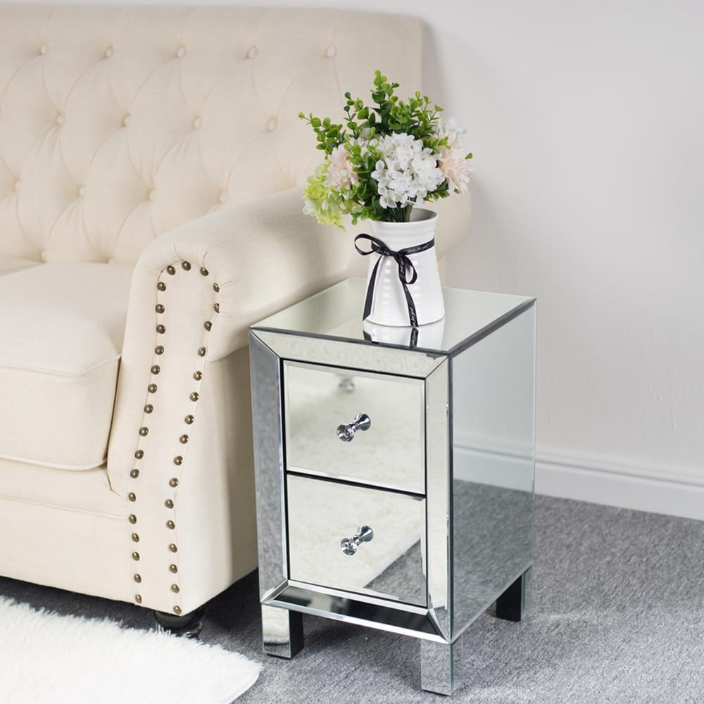 LAGRIMA,Mirrored Nightstand End Table Set of 2,Sliver Nightstands wi