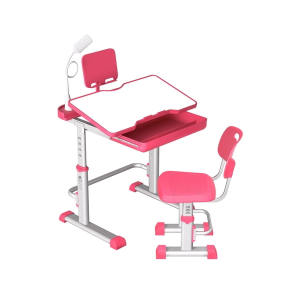 LVYUAN Kids Study Desk and Chair Set Height Adjustable Children School Study Drawing Desk Chair with LED Lamp, Tilt Desktop, Storage Drawer, Book Stand Pink
