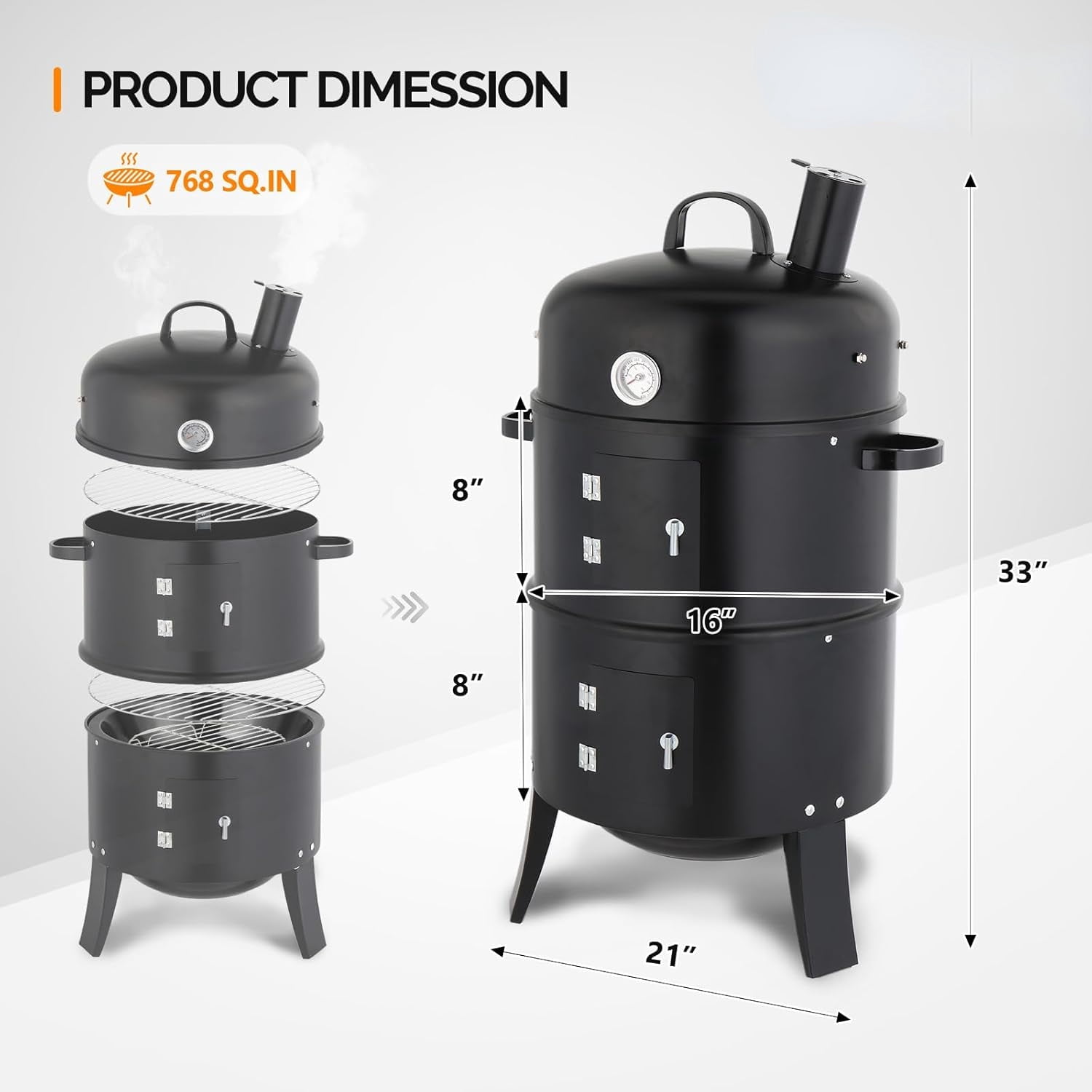 Upgraded 18 Inch Multi-Layer Charcoal Smoker Grill with Chimney, Heavy Duty Round Grill, Vertical Smoker with Thermometer, for Outdoor Cooking, Patio, Parties, Backyard BBQ
