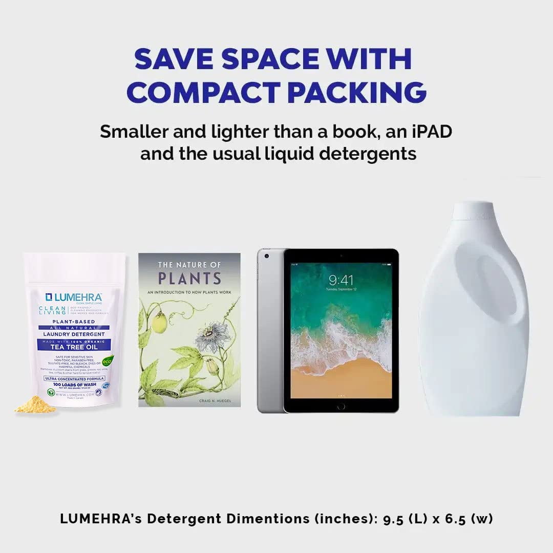Lumehra's Laundry Detergent, Powder Biodegradable Safe for sensitive skin, Kids, Baby non toxic laundry detergent  Scent Tea Tree and Lemon Essential Oils 500 Grams 100 Loads Ultra Concentrated