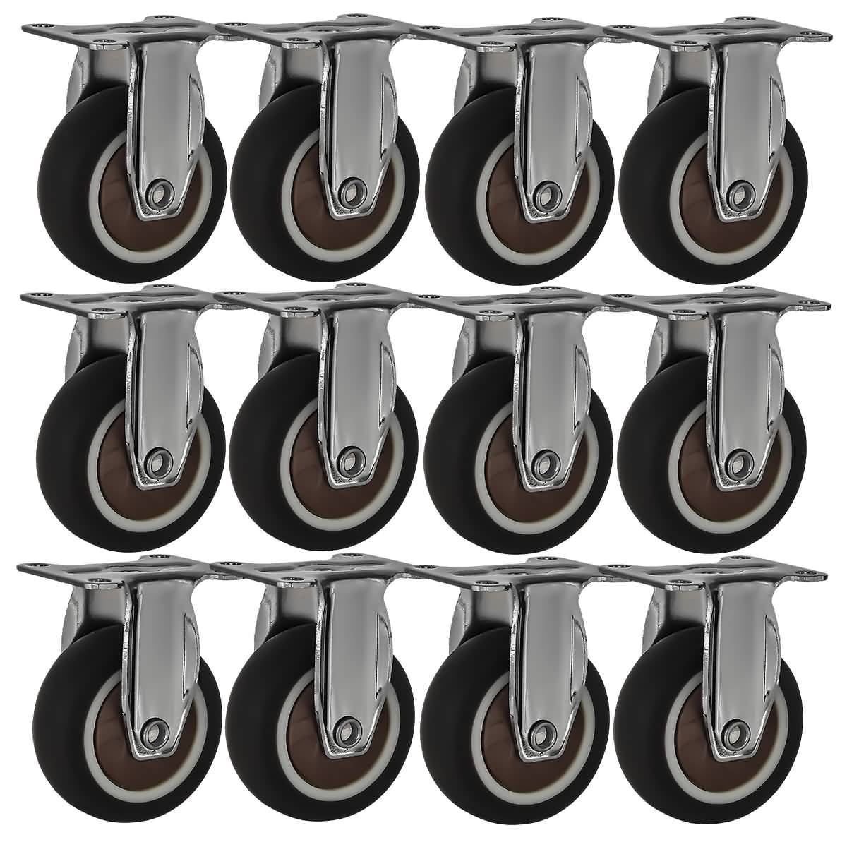 12 Pack 2" Low Profile Rigid Caster Brown Rubber Fixed Caster Wheels
