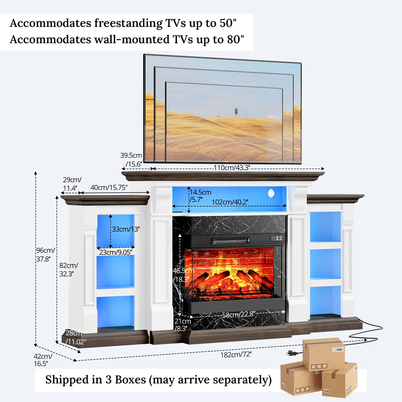Holliwill 3-Sided Glass Farmhouse 72" Fireplace TV Stand for TVs up to 80", Electric Fireplace with Mantel, TV Console with Charging Station & LED Lights for Living Room, White Brown