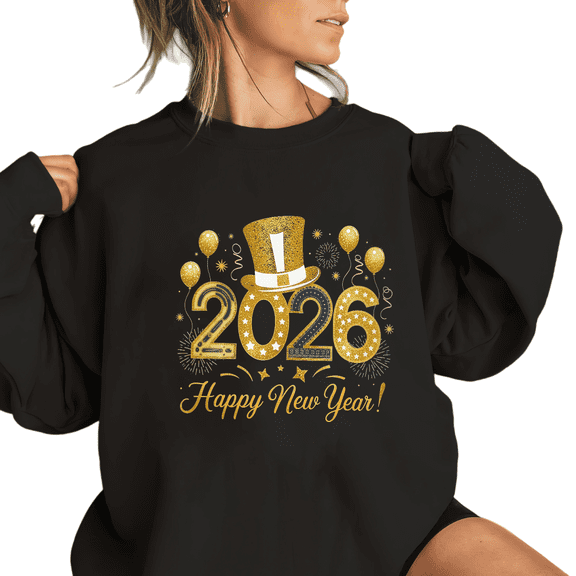 Women's Black Crew Neck Sweatshirt 2026 Happy New Year Gold Glitter Top Hat Graphic Print Casual Pullover S-3XL