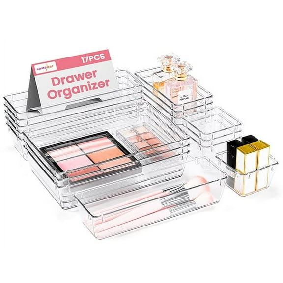 HOUSE DAY 17 Piece Drawer Organizer Storage, 4-Size Drawer Organizers with Silicone Pads,Bathroom Organizer,Clear