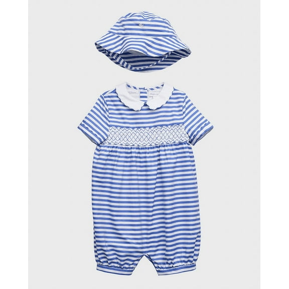 Boy's Cotton Poplin Smocked Shortalls and Hat Set