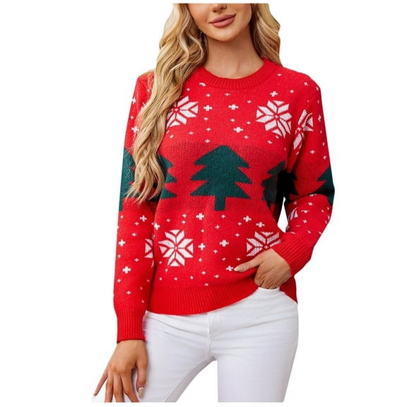 Hueook Cable Knit Sweater Women Sweater Women Women's Christmas Print Long Sleeve Round Neck Sweater Red S
