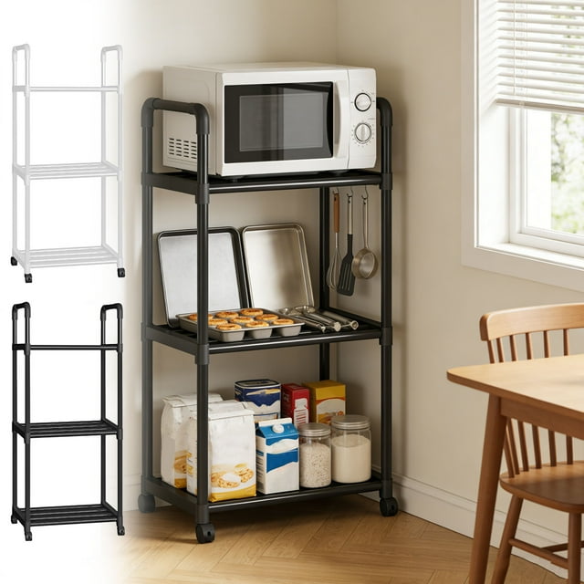 Sentmoon Corner Shelf Stand Corner Cabinet Kitchen Storage Rack Microwave Cookware Organizer Movable Iron Shelving Unit Reinforced Floor-Standing Multi-Purpose Storage Rack