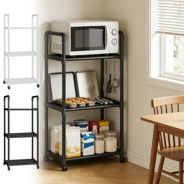 Estante de cocina organizador para microondas | Estantería de hierro reforzado de 3 niveles con estructura resistente y ruedas móviles | Soporte de suelo negro mate que ahorra espacio para