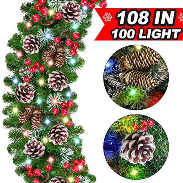 [100 led lights] christmas garland decorations 108 by 10 inch with snow