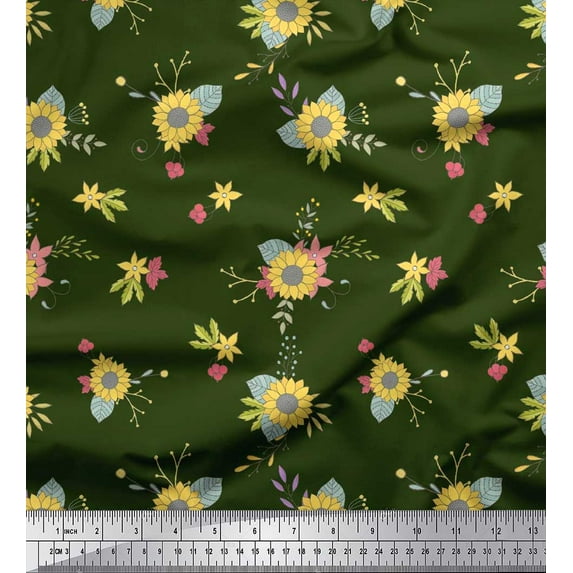 Soimoi Green Moss Georgette Fabric Leaves & Sunflower Floral Print Fabric by Yard 42 Inch Wide