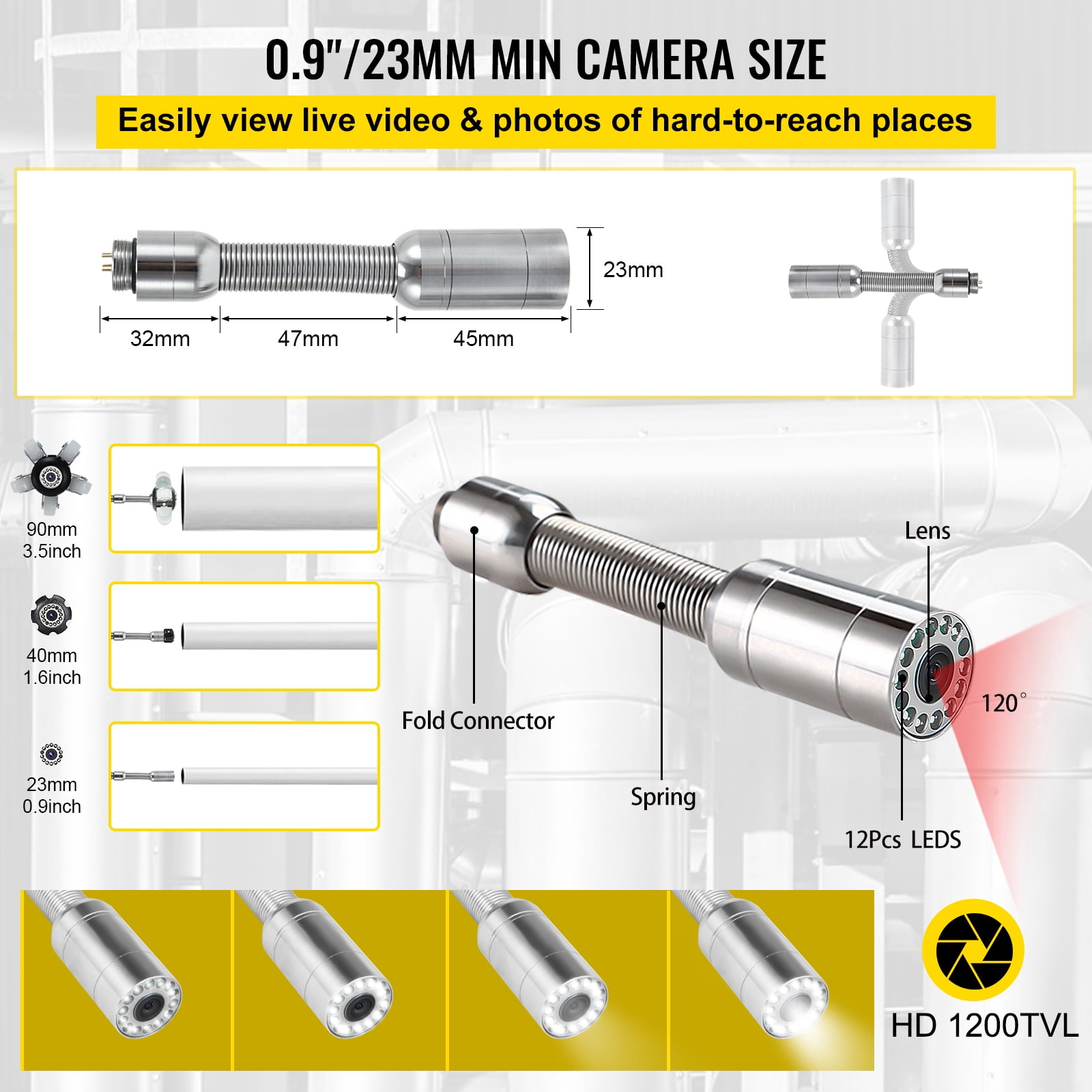 VEVOR Sewer Camera, 150 ft Pipeline Inspection Camera with 9-inch Screen, Waterproof IP68 Borescope Camera with 12 Adjustable LEDs, 16 GB SD Card, Industrial Endoscope for Sewer, Home