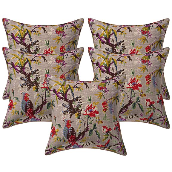 Stylo Culture Ethnic Decorative Throw Pillow Covers 16x16 Kantha Beige Printed 40x40 cm Living Room Decor Cotton Bird Square Cushion Covers | Set Of 5