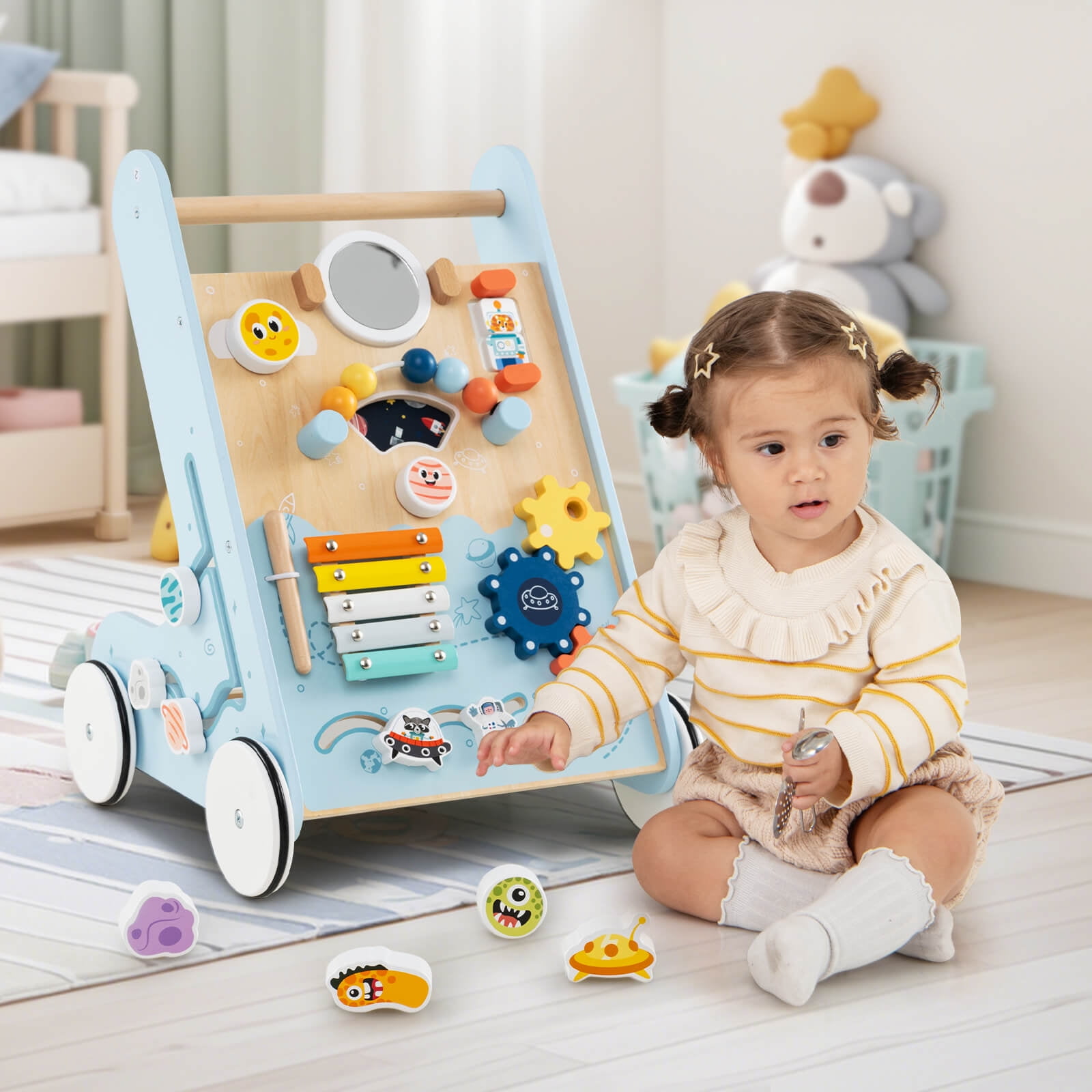 Infans Wooden Baby Walker Push and Pull Learning Activity Center with Wheels Push Toy
