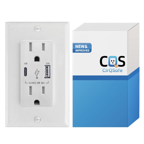CirQSafe GPRU02ASQ45-AC-TR-W, Fast Charging Outlet, 15A Wall Receptacle with USB-C 45W   USB-A 30W, Tamper-Resistant, White