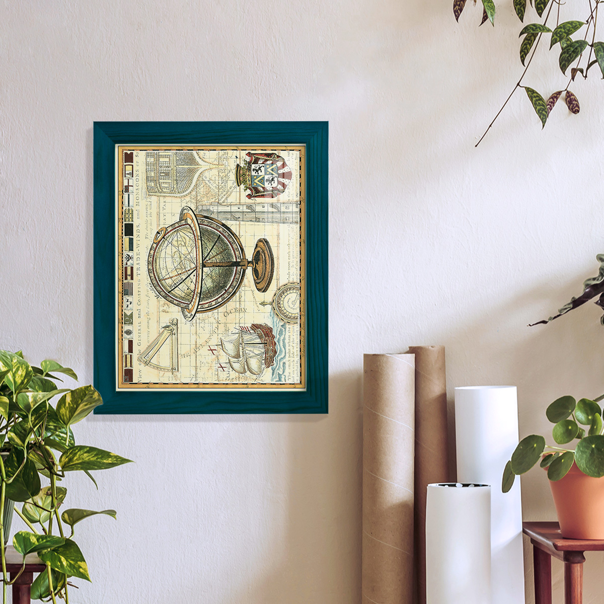 Nautical Map II -Framed Print w/glass-Ocean Blue