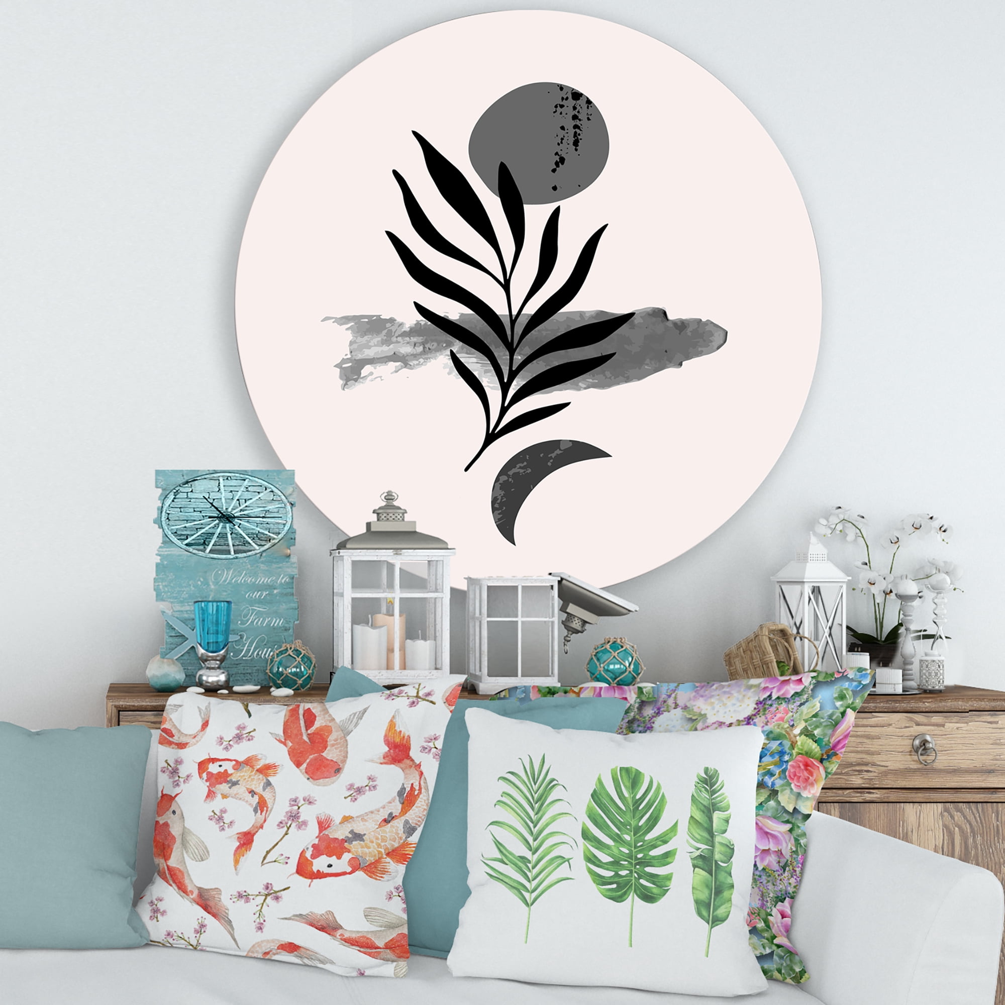 Designart 'Abstract Black Tropical Leaf II' Modern Circle Metal Wall Art 29x29 - Disc of 29