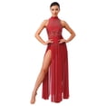 thumbnail image 2 of Oyolan Womens Lyrical Dance Dress Sleeveless Flowy Mesh Slit Hem Maxi Long Skirt Contemporary Dance Burgundy M, 2 of 7