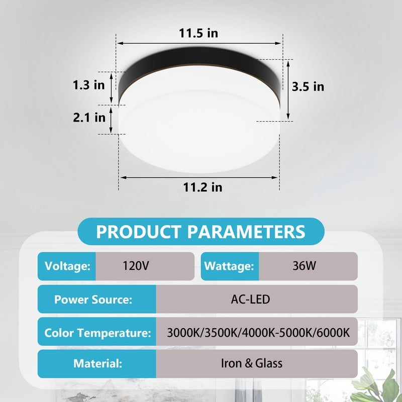 HKMGT 11.5 Inch LED Flush Mount Ceiling Light 5CCT Dimmable 36W Modern Black Close to Ceiling Light for Bedroom Kitchen(1-Pack)