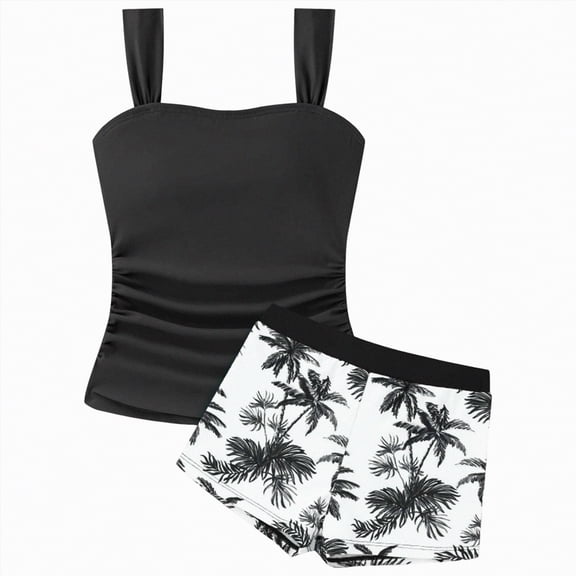 Linfrsh Girl Bathing Suit Girls Tankini Swimsuits Two Piece Bathing Suit Drawstring Swimwear Set for Girls(Black,14-15 Years)