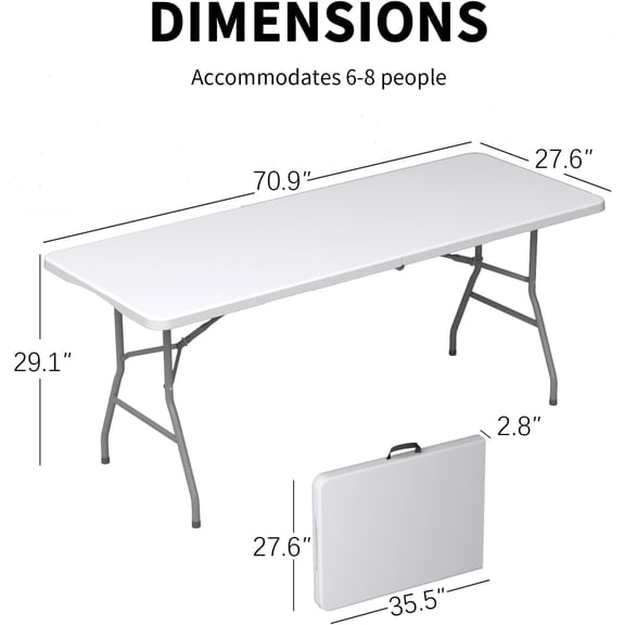 6FT Folding Picnic Table for Outdoor, Portable, White Foldable Table for Camping, Parties, with Carrying Handle (White, 2 Pack)