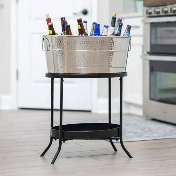 BREKX Aspen Hammered Stainless-Steel Beverage Tub, Ice and Drink Bucket with Metal Stand, 25-Quart for Parties