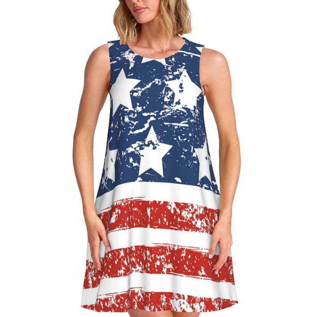 Balery USA Colors Stripes1 Vestidos de verano para mujer con estampado: vestido holgado sin mangas, vestido playero informal y cómodo para días calurosos.