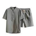 thumbnail image 1 of Two Piece Pants Sets Mens Two Piece Solid Cotton Linen Short Sleeve V Neck Tops and Shorts Set, 1 of 9