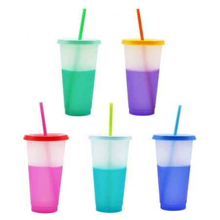 

5PCS Color Changing Cups 24oz Reusable Plastic Cups with Lids and Straws for Adults and Kids Bulk Tumblers for Iced Coffee Tea and Smoothie To go Summer Cups for Party and Travel