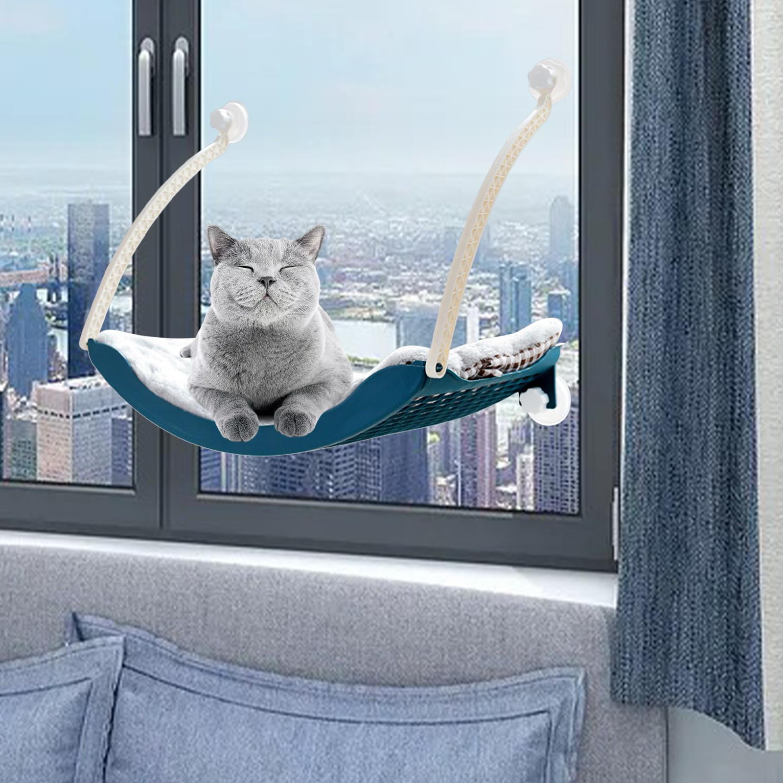 Cat Window Perch, Cat Hammock w/Fleece Blanket Screw Suction Cups Large Sturdy Cat Bed Cat Resting Seat Holds Large Cats Indoors Outdoors Blue