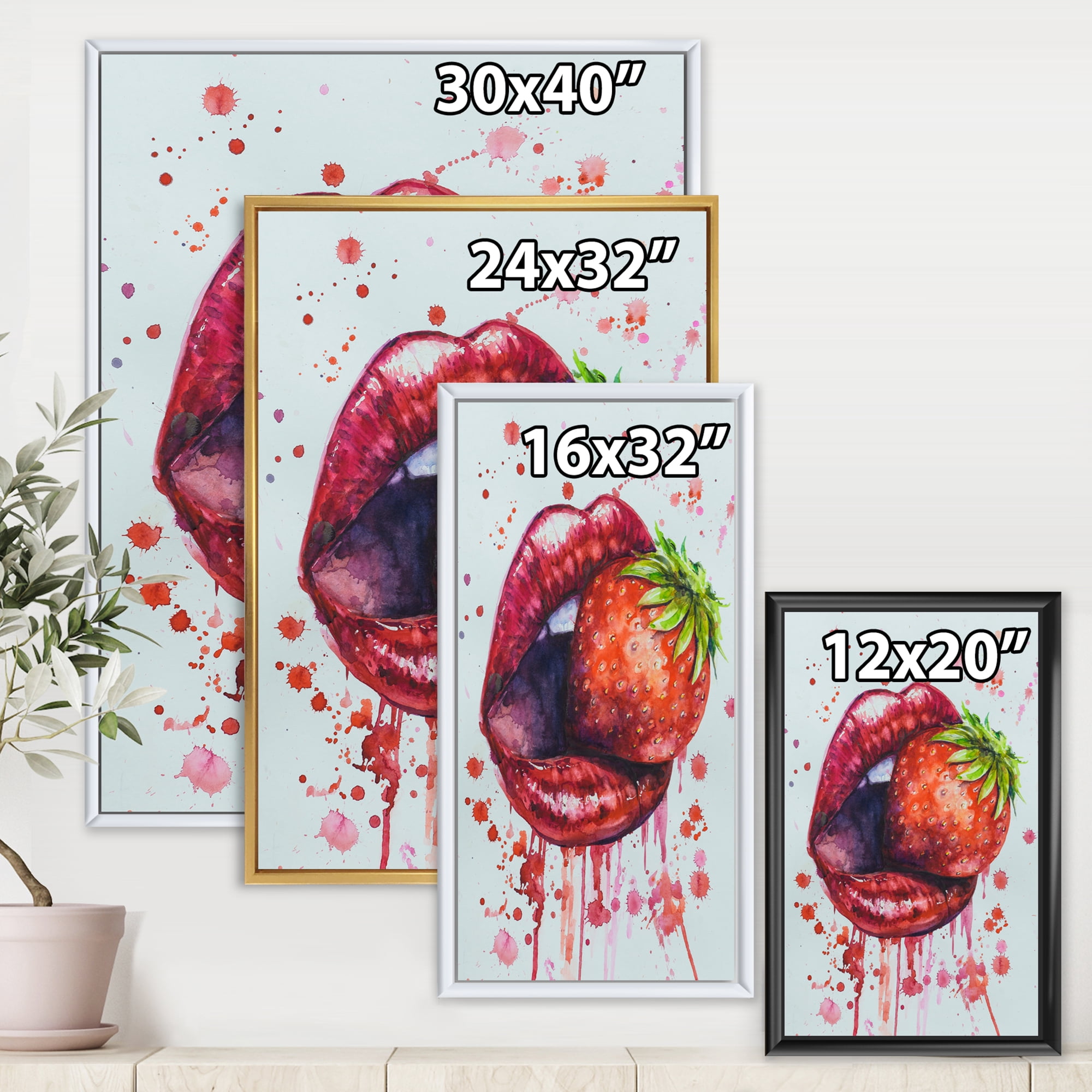 Designart 'Red Girl Lips Eating A Strawberry' Modern Framed Canvas Wall Art Print