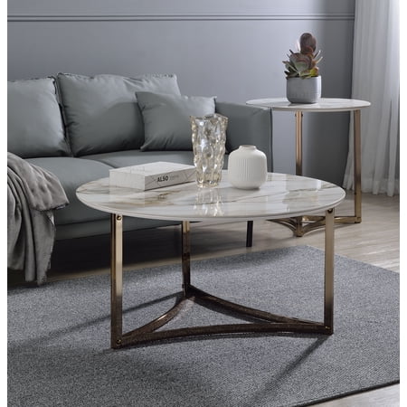 Round Coffee Table with White Sintered Stone Top and Champagne Finish Metal Frame Curved Crossbar Support Modern Living Room Center Table Durable and Elegant Design