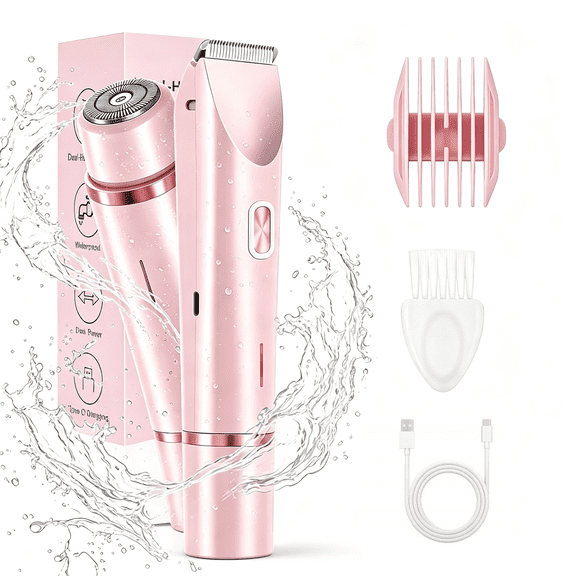 Bikini Trimmer for Women, 2‑in‑1 Dual‑Head Electric Body Hair Razor, Waterproof Wet & Dry Bikini Shaver for Pubic, Leg and Facial Hair Removal (Pink)